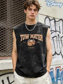 Disney Cars Tow Mater Repeating Text Officially Licensed Men's Sleeveless Graphic Tee, 100% Cotton 230g Washed Vintage Casual Shirt - 黑色 - 查看 2