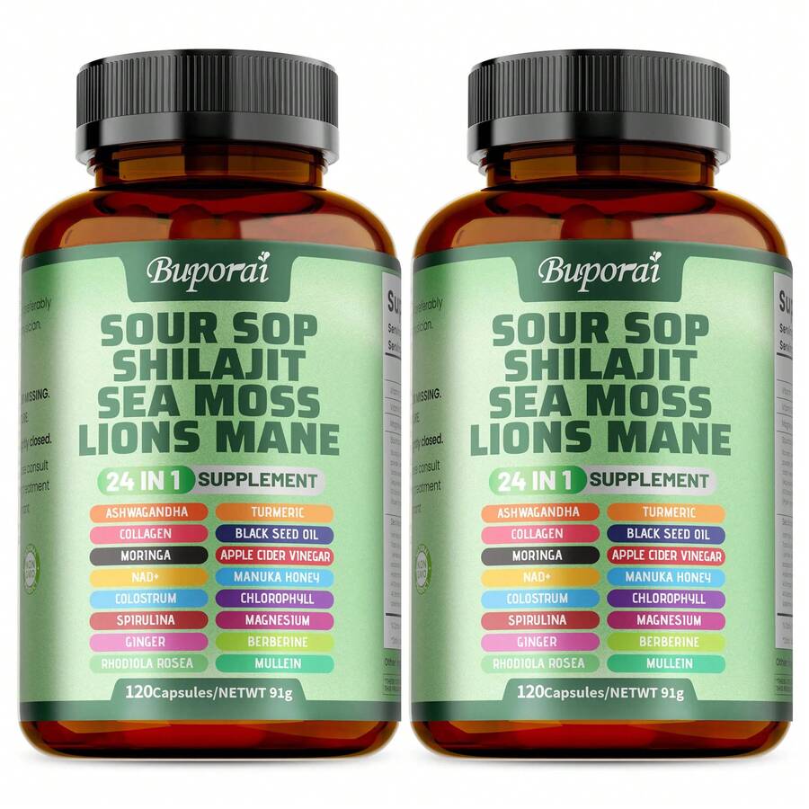 Buporai 24-In-1 Sour Sop, Shilajit, Sea Moss & Lions Mane Supplement, 120 Capsules, With Ashwagandha, Turmeric, Collagen, Black Seed Oil, For Immune, Energy & Overall Wellness - 2瓶,每瓶120顆膠囊 - 查看 1
