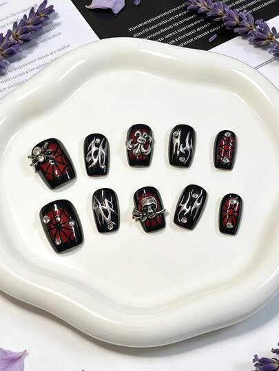 10pcs Short Square Nail Stickers, Black & Red Tie Dye Gradient Cat Eye Nails With Hand-Painted Spider Web, Silver Striped Edges, 3D Spider Skull & Rhinestone Decor, Goth Y2K Punk Style, High Contrast Metallic Finish, Suitable For Music Festivals, Rock, Easter, Cosplay, Halloween, Baddie Outfits, Niche Personalized Design For Daily Wear, Selfies, Gatherings With Friends. Includes 1 Bottle Of Jelly Gel And 1 Nail File.