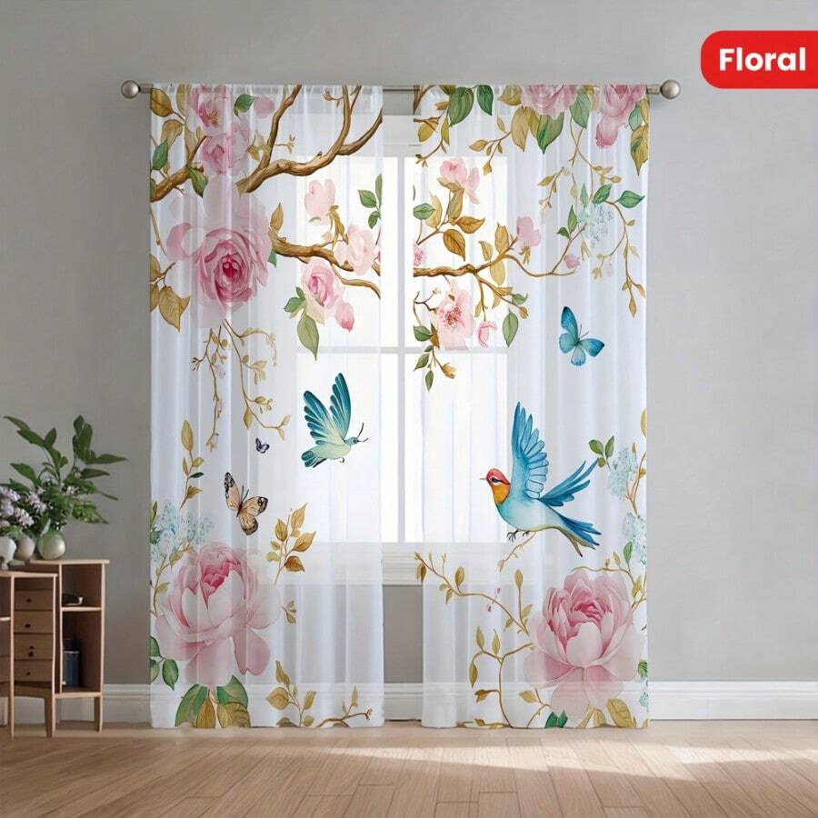 2pcs Floral Voile Curtains, Suitable For Kitchen, Cafe, Living Room, Dining Room, Balcony, Garden, Bedroom - Multicolor - View 1