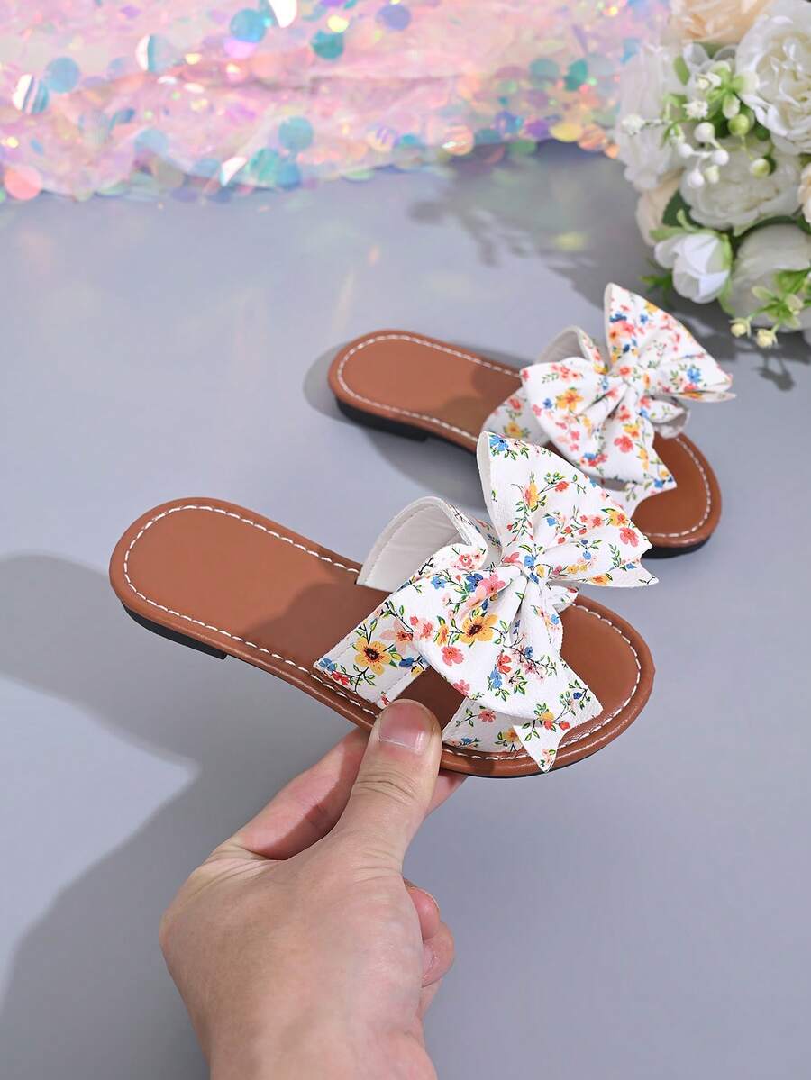 Ultra-Thin Breathable Sole Bowknot Design Girls' Open Toe Sandals, New Summer Style, Soft Bottom, Sweet Floral Princess Shoes, Suitable For Toddler To Big Kids, Can Be Worn Indoors And Outdoors - Beige - View 1