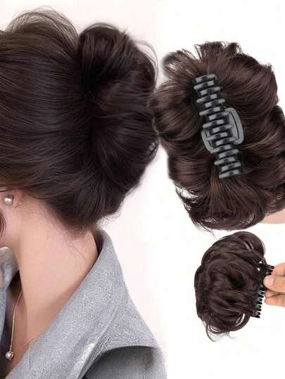 女士合成假发发髻蓬松盘发接发爪夹卷曲优雅花苞造型，适合日常佩戴和派对场合