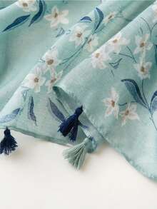 Women's Fresh Green Leaf Print Tassel Scarf, Versatile Decoration Shawl For Spring, Summer, Autumn,Beach,Holiday,Accessories,Travel Essential - Green - View 9