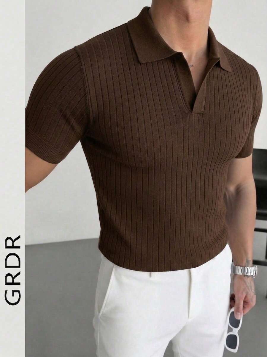 GRDR Áo polo nam mùa hè dệt kim, màu trơn, tay ngắn, cổ bẻ, thích hợp cho các hoạt động mùa hè, là item không thể thiếu cho trang phục thời trang. - màu nâu - Xem 1