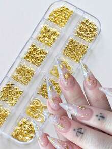 12-Grids Nail Beads With 1Pc Magnet Picker Tool 3D 12Grids Gold Silver Caviar Beads Metal Nail Charms Gems Mixed-Sizes Gold Silver Steel Balls Nail Art Design Decoration Manicure Diy Supplies Metal Charm Mini Caviar Nail Beads Crystal Decoration Nails - 黃金2 - 查看 12