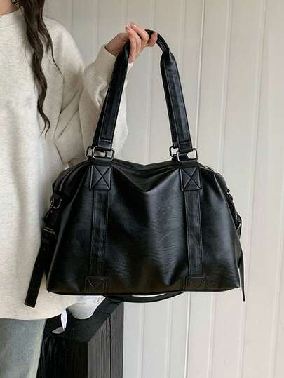 Vintage Black Soft Faux Leather Large Capacity Tote Bag For Women, Retro Distressed PU Leather Shoulder Bag With Detachable Strap, Casual Commuter Work Laptop Handbag, Multi-Pocket Zipper Closure Top Handle Satchel, Fashionable Daily Shopping Travel Duffel Bag, Versatile Crossbody Bag For Office School College