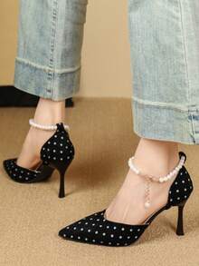 2026 New Fairy Style Pearl High Heel Sandals, Pointed Toe Hollow Out Stilettos For Women, Summer - Black - View 3