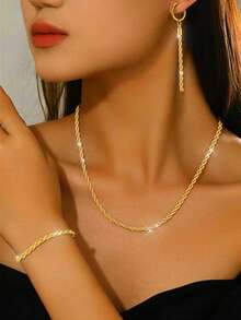 1 Set Stainless Steel Women's Jewelry Set, Twisted Rope Element, Luxury Commuter Style, Suitable For Daily Commute/Date Outfit - Necklace+Bracelet+Earrings - View 3