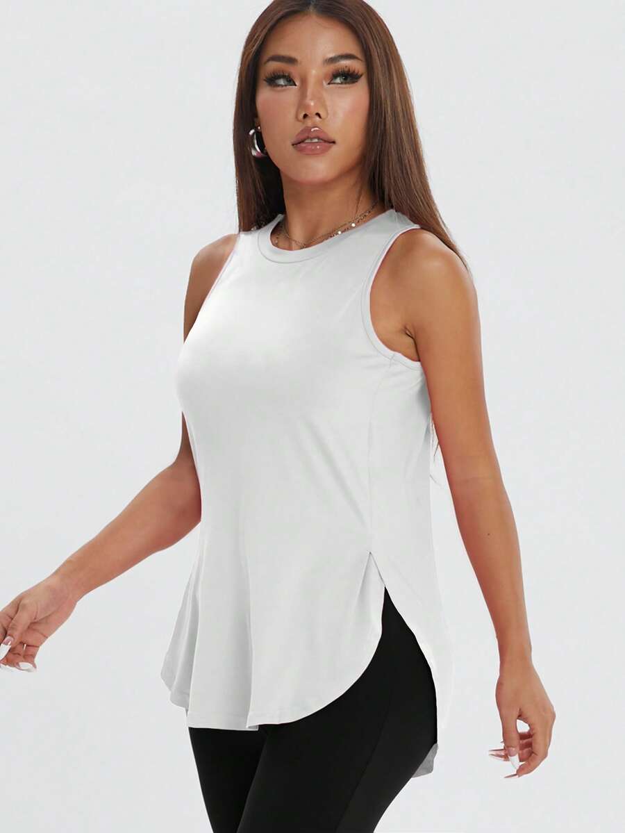 1pc Women Casual Loose Workout Sleeveless Top, Comfortable Side Slit Solid Color Pullover Fitness T-Shirt, Spring/Summer - trắng - Xem 1