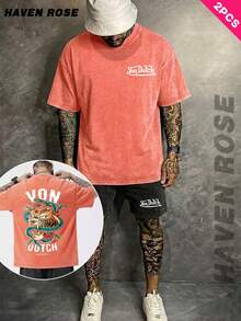 2-Piece Set | Mens Washed Vintage T Shirt And Shorts Set | Summer Street Wear | Tiger Snake Entwined | 100% Cotton,Soft Fabric Comfortable | Perfect For Daily Wear, Outdoor Leisure, Gym Workouts, Running, Back-To-School Season, Father's Day & More Summer Occasions| Daily Gift | Unisex. - 黑+橙 - 查看 1