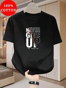 ChristmasMen's% Cotton Motivational-Shirt - Never Give Up Positive Attitude Graphic Tee, Breathable Summer Casual Short Sleeve Round Neck Top Casual Attire, Inspirational Clothing, Design, Comfortable Material, Slogan Shirt, Young AdultsHot Item - White - View 3