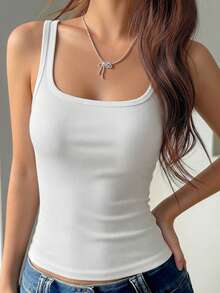 Square Neck Backless Camisole, Fitted, Breathable, Fashionable, Built-In Padding, Versatile For All Seasons - White - View 3