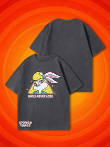 SHEIN X Looney Tunes 夏季女款短袖经典卡通兔子励志标语趣味图案T恤，融合甜美酷炫的电子女孩风格和美式复古风 - 深灰色 - 查看 2