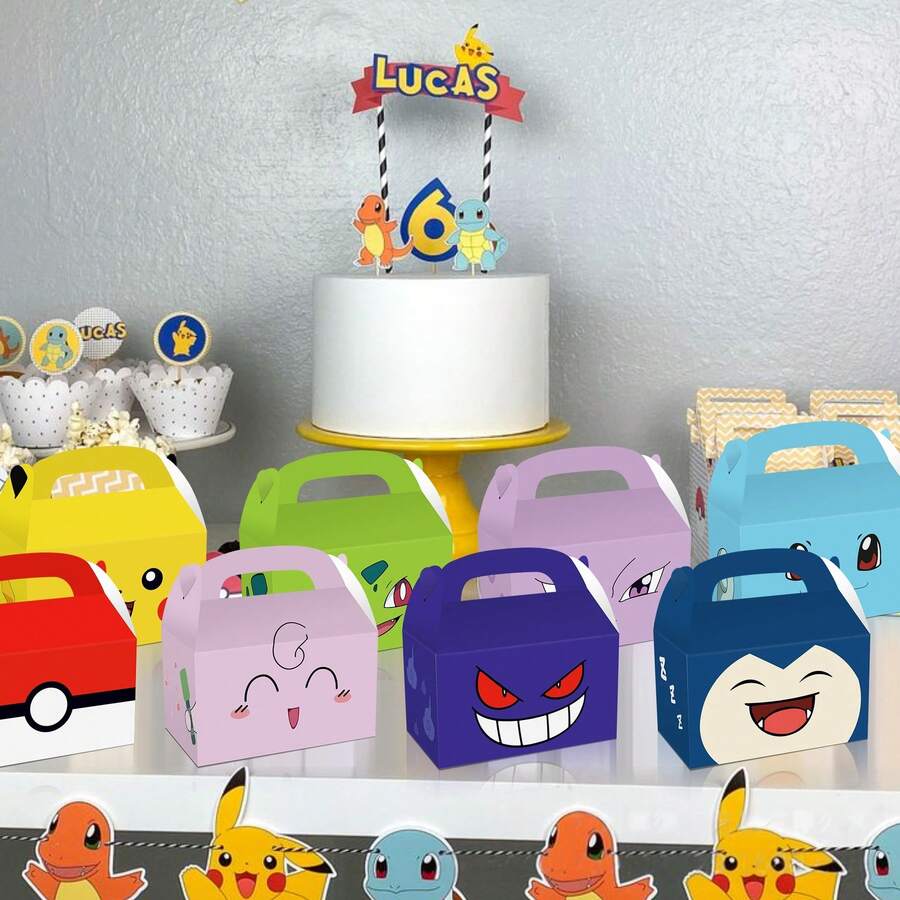 pokemon 8/16个宝可梦派对糖果盒，卡通动漫人物图案，可折叠礼品袋，适合节日生日派对用品，礼品包装盒，手提盒 - 彩色 - 查看 1