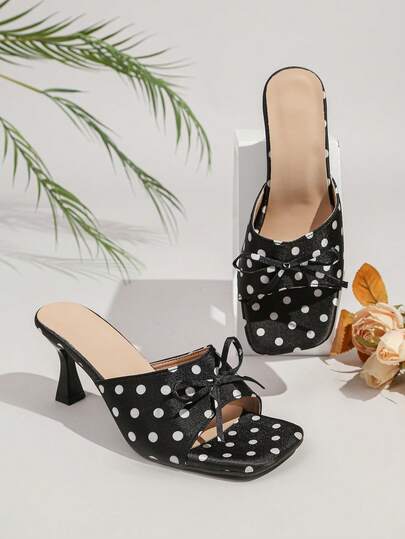 女士高端露趾无后跟波点蝴蝶结装饰性感夜店方头粗跟高跟时尚派对婚礼通勤凉鞋