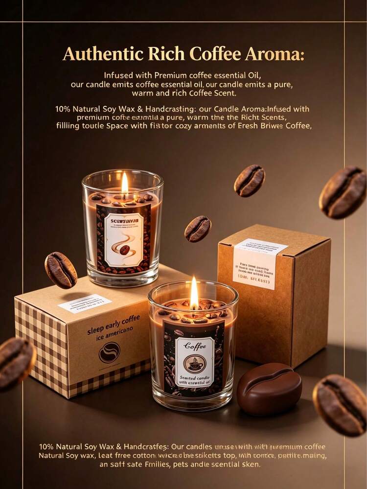 شمعة بعطر القهوة، مزخرفة بنسيج حبوب القهوة، رائحة محمصة غنية، شمع صويا طبيعي، وعاء زجاجي، تنشط الصباح، تنعش العقل، ديكور مكتبي على طراز المقهى - متعدد الألوان - مشاهدة 12