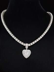 1 mặt dây chuyền hình trái tim đính đá Cubic Zirconia và dây chuyền mắt xích 5mm, mặt dây chuyền phong cách hip-hop retro thời trang unisex, phù hợp để đeo hàng ngày hoặc dự tiệc, quà tặng Valentine. - Bạc - Xem 2