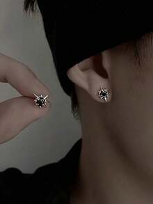 1 Pair Fashionable Unique Black Rhinestone North Star Stud Earrings, Suitable For Men's Daily And Festival Wear - Black - View 1