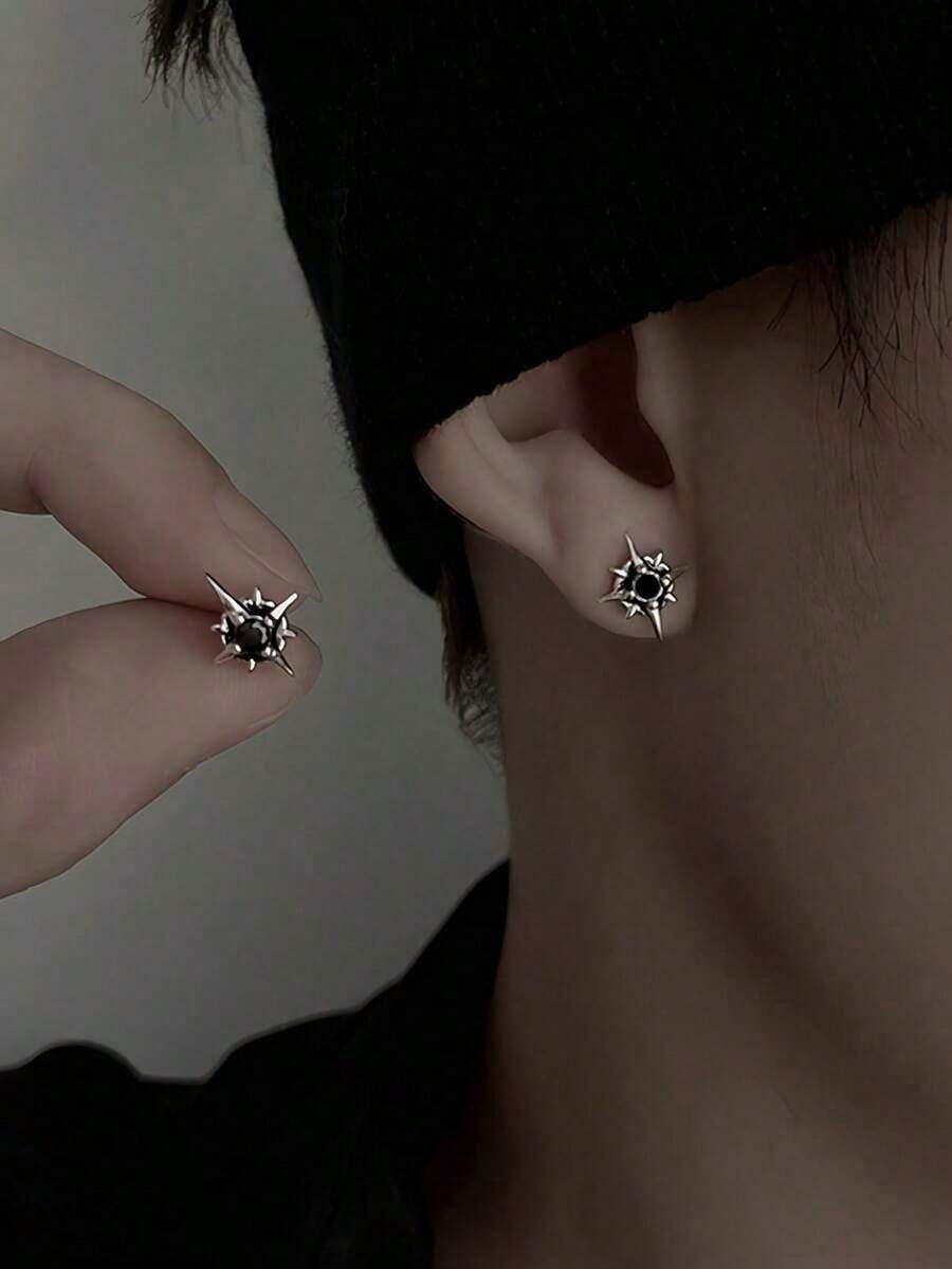 1 Pair Fashionable Unique Black Rhinestone North Star Stud Earrings, Suitable For Men's Daily And Festival Wear - Black - View 1