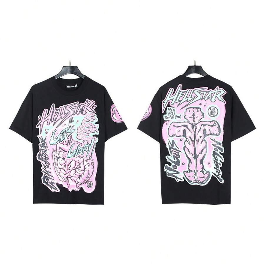 HellST Vintage Streetwear T-Shirt, 100 Percent Cotton Casual Loose Top, Unisex Couple Matching Tee - A788黑色 - 查看 1