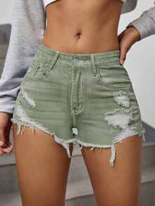 Pantalones cortos de mezclilla para mujer con bolsillos y bajo deshilachado - Verde - Ver 1