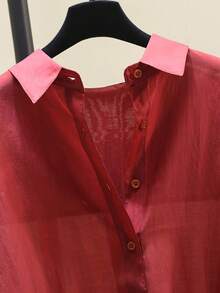 Women's Solid Color Versatile Single-Breasted Semi-Sheer Long Sleeve Shirt, Suitable For Commuting And Office Red - Red - View 5