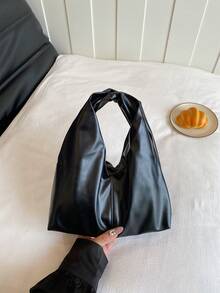 Fashionable Versatile Solid Color New PU Shoulder Bag, Casual Minimalist Textured Baguette Small Handbag For Women - Black - View 5