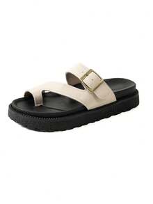Sandalias de plataforma con hebilla metálica, suela gruesa y cómoda, adecuadas para uso diario en verano, sandalias de cuña - Beis - Ver 7