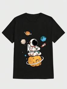 Talla unisex. Camiseta de algodón de talla grande de verano para mujer. Camiseta con Estampado de Astronauta Espacial, Camiseta Casual de Manga Corta con Cuello Redondo, Adecuada para Uso Diario en Primavera y Verano, Unisex. Material absorbente del sudor, suave y agradable para la piel. - Negro - Ver 6