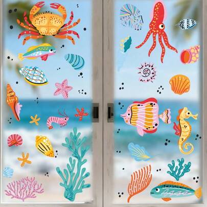 3 Blatt Ozean Fensteraufkleber - selbstklebende DIY Sommer Spaß und bunte Weltmeere Tag Aufkleber mit Fischen, Walen und mehr Meeresbewohnern für Aquarium, Schule, Büro, Badezimmer Unter dem Meer Party Zubehör