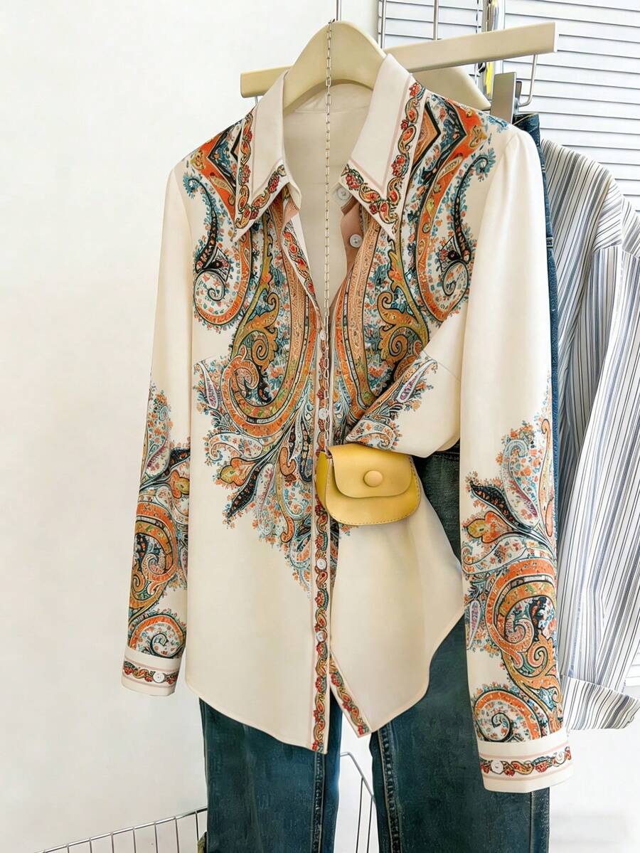 Standard Size Women's Cashew Print Bohemian Elegant Long Sleeve Shirt, Front Button Closure Shirt Collar, Suitable For Daily, Commute, Casual And Holiday Wear Spring - Multicolor - View 1