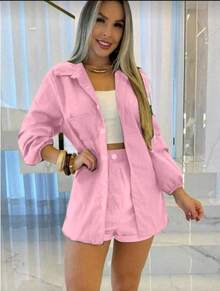 Combination Set Consisting Of A Long-Sleeved Top And Shorts. - 淺粉色 - 查看 1