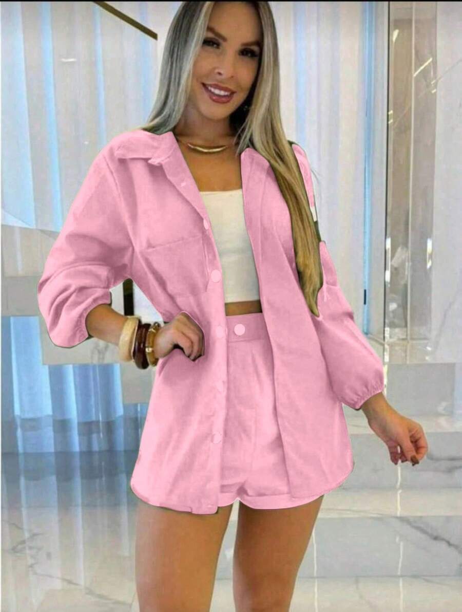 Combination Set Consisting Of A Long-Sleeved Top And Shorts. - 淺粉色 - 查看 1