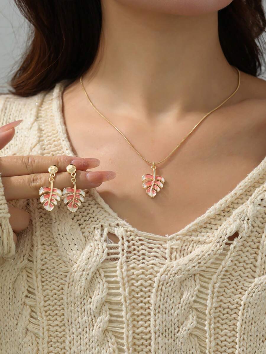Collier de style bohème avec pendentif en forme de carapace de tortue en bambou à glaçure verte - Pendentif exquis de plante tropicale, convient pour le port quotidien et les vacances - Rose bonbon - Voir 1