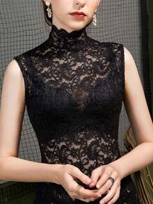 French Retro High Neck Lace Sleeveless Top, Sexy Sheer Fitted Slim Camisole For Work And Daily Wear Casual Black Summer - Black - View 4