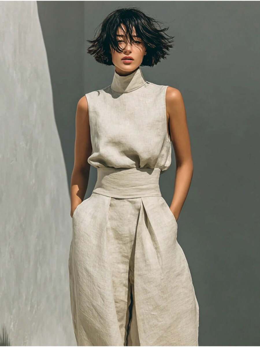 2026 European And American Spring New Style Solid Color Elegant Women's Simple - Blend Sleeve Top And Wide-Leg Pants - 米色 - 查看 1
