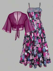 Women's Elegant Ditsy Floral Chiffon Dress & Jacket Two Pieces Set, Fashionable Outfit For Date, Holiday, Casual Wear Spring - Màu tím - Xem 3