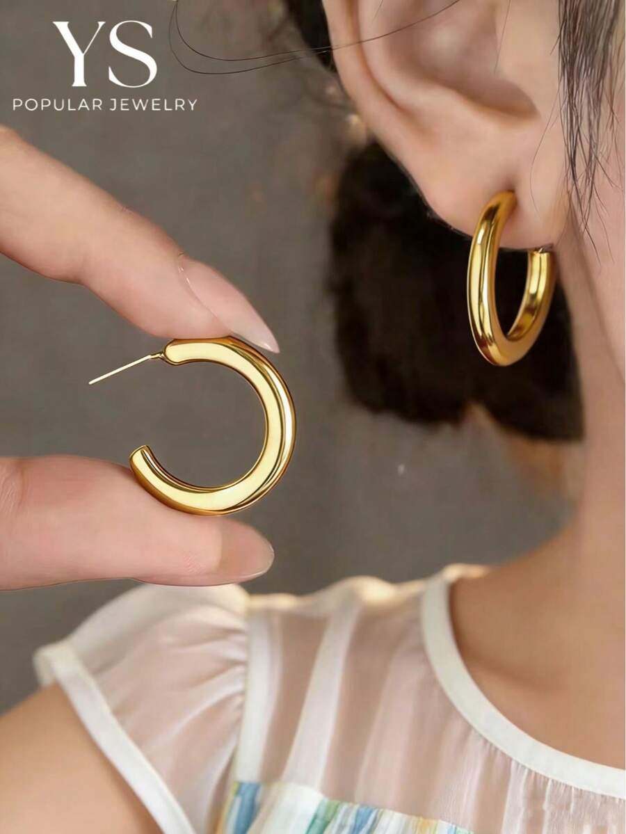 1对金色粗款素面耳环，新款简约优雅女士耳环 - 金色 - 查看 1