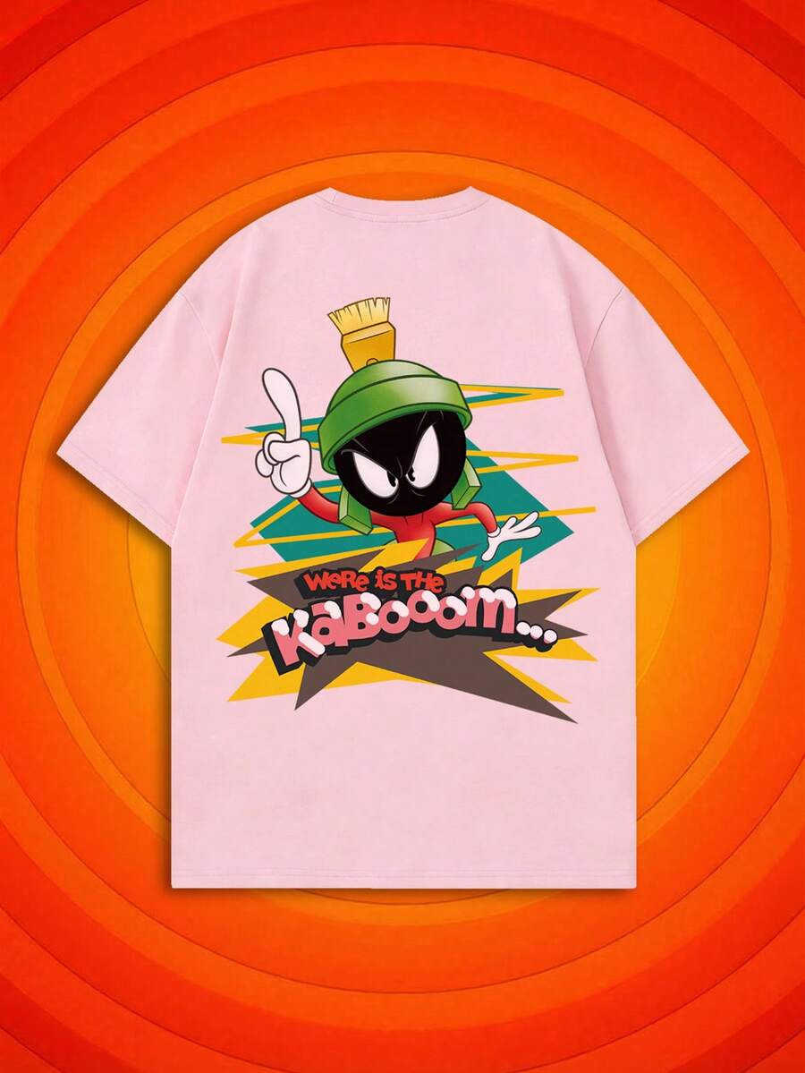 SHEIN X Looney Tunes 夏季女款短袖经典卡通火星人马文爆炸标语趣味图案T恤，融合美式复古与街头潮流，日常通勤实用，适合女生郊游、夏季野餐、校园生活、购物打卡、主题市集、日常度假、假日休闲等场合，短袖上衣打造减龄时尚造型。 - 粉色 - 查看 1