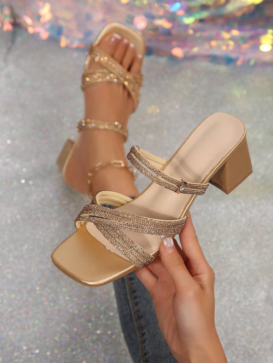 Giày sandal đế dày mũi vuông đính pha lê, quai chéo, kiểu dáng mùa hè mới, thời trang, thanh lịch và thoải mái. - Vàng - Xem 1