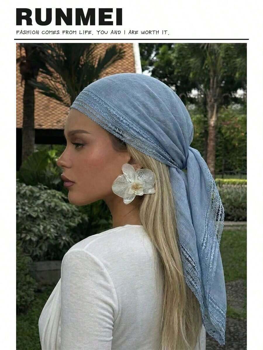 Pañuelo cuadrado de mujer elegante de unicolor con ribete de encaje, multifuncional como chal y accesorio para el cabello, adecuado para usar en mezquitas - Gris - Ver 1