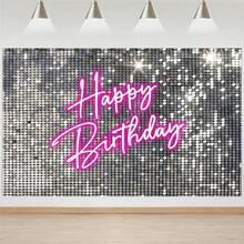 1 Peça Painel de Aniversário com Lantejoulas Prateadas, com Bottom de Lantejoulas Prateadas e Design de "Feliz Aniversário" em Néon Rosa, Adequado para Decoração de Festa de Aniversário de Estilo Princesa para Meninas e Mulheres, Bottom de Fotografia, Decoração da Mesa de Bolo - Multicolorido - Visão 3
