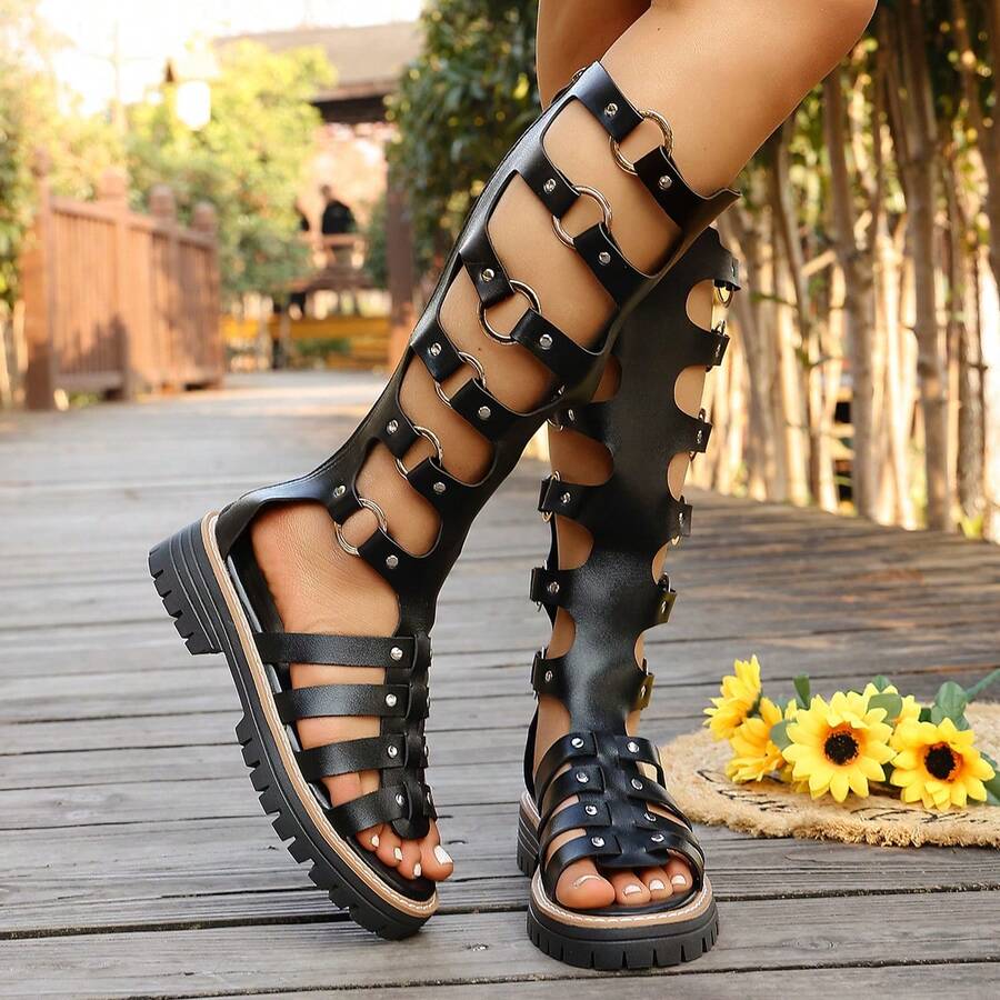 1 Pair Solid Color Punk Faux Leather Zipper Round Ring Rivet Gladiator Sandals For Women, Holiday & Summer - Black - View 1