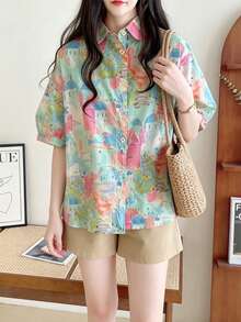 [Bestseller de primavera/verano] Camisa de mujer de manga corta con estampado de castillo colorido, diseño de solapa holgada, transpirable y cómoda, adecuada para uso diario y vacaciones, múltiples opciones de combinación - verde menta - Ver 3
