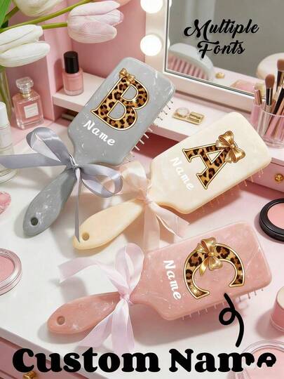 Customized Leopard Print Bow Cushion Comb, Personalized Initial Marble Pattern Detangling Hair Brush, Girl/Girls Universal Curling & Straightening Air Cushion Brush, Bridesmaid/Birthday Exclusive Custom Gift, Back To School & Graduation Season Gift