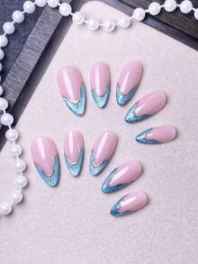 10 piezas de pegatinas de uñas hechas a mano, uñas postizas cortas, aptas para el uso en verano, estilo Y2K, que incluyen colores rojo, rosa, azul, marrón, dorado y otros, base rosa con punta francesa en forma de V azul y bordes dorados, estilo dulce y elegante, adecuado para que las damas y niñas lo usen en citas, fiestas y viajes diarios - Neblina azul - Ver 4