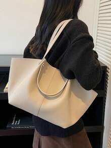 1个时尚百搭女士单肩包，PU材质纯色复古手提包，带内袋设计，大容量休闲梯形包，适合年轻女性——外出、购物、上课、约会、女士礼物、办公、工作、旅行 - 米色 - 查看 4