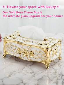 1pc Luxury Gold Tissue Box, Decorative Tissue Dispenser, Crystal Rhinestone Tissue Box, European Style Home Decor - Gold Pearlescent White - View 2