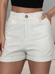 Set Of 2 Women's Linen Shorts With Lined Side Pockets, High Waist, Button And Zipper Closure, Elegant, Casual, Chic. - 米色和黑色 - 查看 2