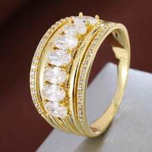 1pc Fashionable Geometric Oval Cubic Zirconia Women Wide Band Ring - Multicolor - View 16